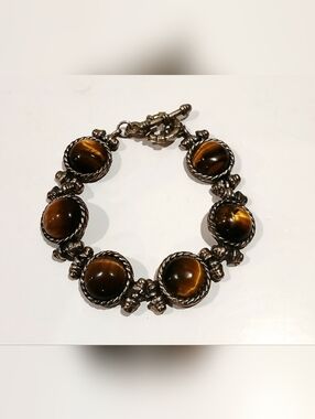 Vintage Tiger's Eye Stone Bracelet - Brown and Gold Tones